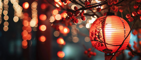 Chinese lanterns on the tree in the night with bokehの素材