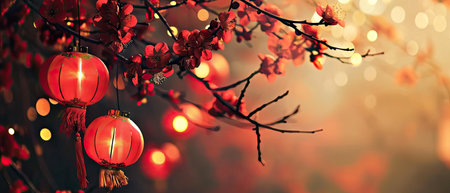 Chinese lanterns hanging from tree branch on bokeh background.の素材