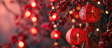 Chinese lanterns on the branches of a tree with red berries. Festive background.の素材
