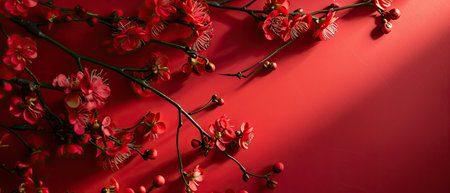Chinese new year or lunar new year concept. Red plum blossom on red background.の素材