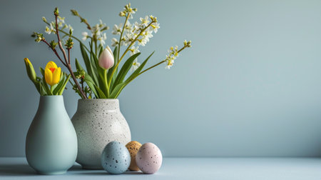 Easter eggs and spring flowers in vase on blue background.の素材