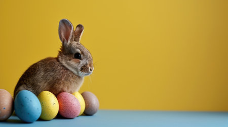 Cute little brown rabbit with Easter eggs on a yellow background.の素材