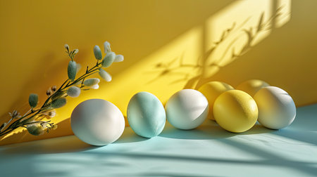 Cute little rabbit with Easter eggs on grey background, space for textの素材