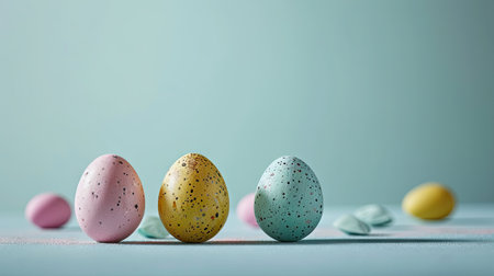 Colorful easter eggs on pastel background with copy space.の素材