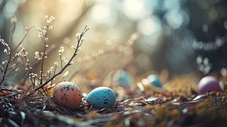 Easter eggs in the nest on a background of grass and flowersの素材