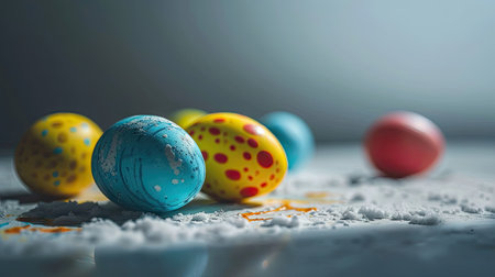 Easter eggs painted in the colors of the Ukrainian flag on a white backgroundの素材