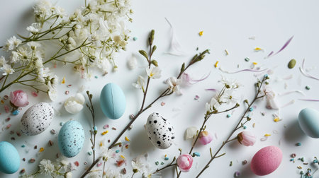 Easter eggs in nest on rustic wooden background with copy spaceの素材