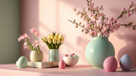 Easter eggs and spring flowers on pink background. 3d renderingの素材