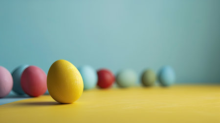 Colorful Easter eggs on a yellow and blue background with copy spaceの素材