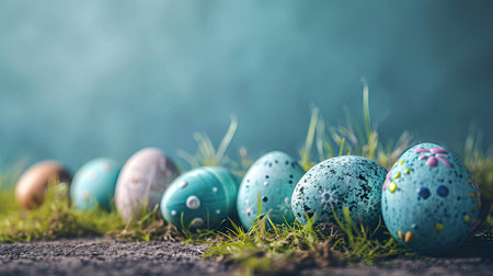 Easter eggs on green grass and blue bokeh background.の素材