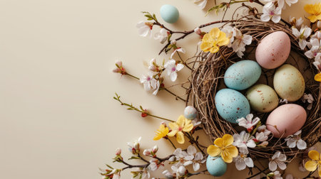 Easter eggs in nest with spring flowers on beige background.の素材