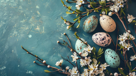 Easter eggs and spring flowers on rustic background. Top view with copy spaceの素材