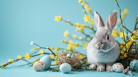 Easter bunny and easter eggs on blue background with yellow flowers.の素材