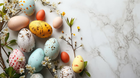 Easter eggs and spring flowersle background. Top view, copy spaceの素材