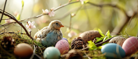 Easter eggs in the nest with quail chick, spring backgroundの素材