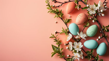 Easter eggs and spring flowers on pink background. Flat lay, top viewの素材