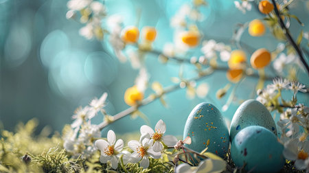 Easter eggs and spring flowers on blue bokeh background.の素材