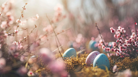 Easter eggs in the grass on a background of spring flowers.の素材