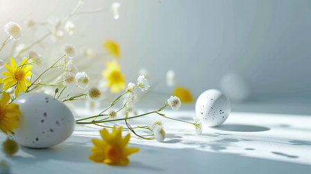 Easter eggs and spring flowers on white background with copy space.の素材