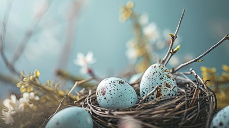 Easter eggs in nest on blue background. Happy Easter concept.の素材