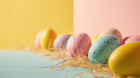 Colorful easter eggs on pastel background with copy space.の素材