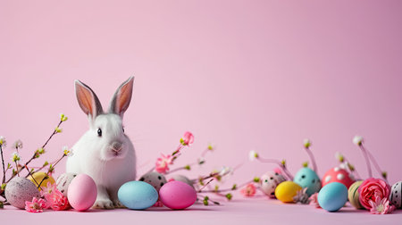 Easter bunny and easter eggs on pink background with copy space.の素材