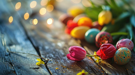 Easter eggs and tulips on a wooden background. Selective focus.の素材