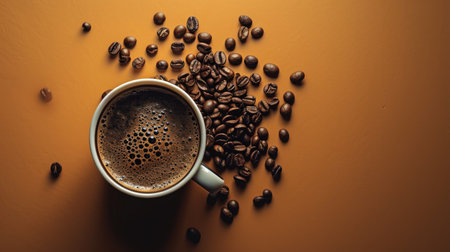 Coffee cup and coffee beans on brown background, top viewの素材