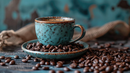 Coffee cup and coffee beans on a blue wooden background.の素材
