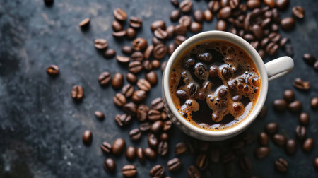 Coffee cup and coffee beans on dark background. Top viewの素材