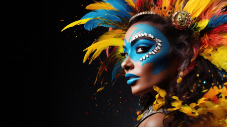beautiful young woman with sugar skull makeup and colorful feathers on black backgroundの素材