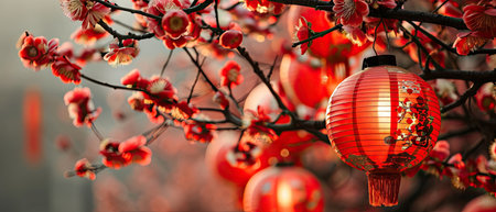 Chinese lanterns on the branches of a blossoming plum tree.の素材