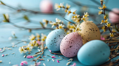 Easter eggs and spring flowers on blue background. Happy Easter card.の素材