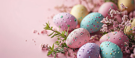 Colorful easter eggs with flowers on pink background, copy spaceの素材