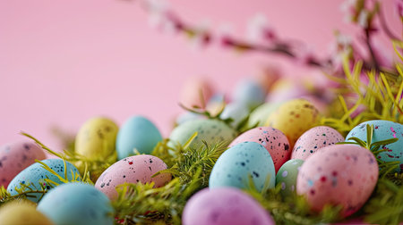 Easter eggs in nest with spring flowers on pink background, copy spaceの素材