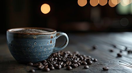 Coffee cup and coffee beans on wooden table with bokeh backgroundの素材