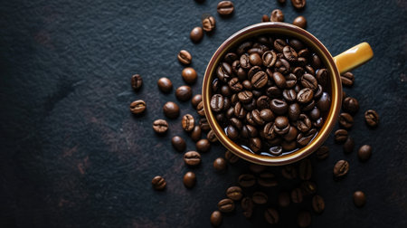 Coffee beans in a cup on a dark stone background.の素材
