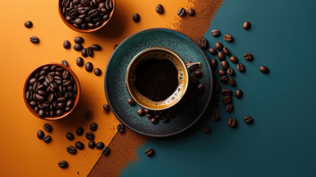 Coffee cup and coffee beans on color background, top viewの素材