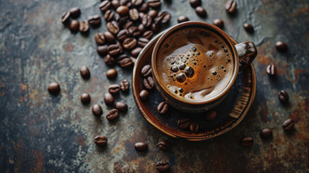 Coffee cup and coffee beans on old rusty background. Top viewの素材