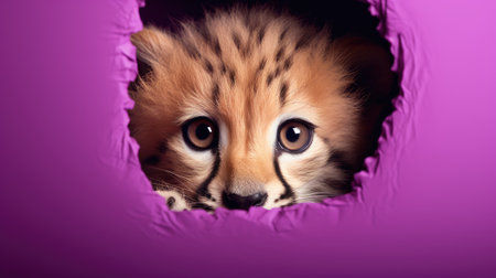 Tiger cub peeking out of a hole in a purple paperの素材