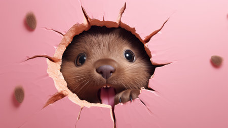 Funny ferret peeking through a hole in a pink wallの素材