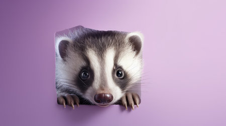 Cute baby raccoon peeking out of a hole in purple paperの素材