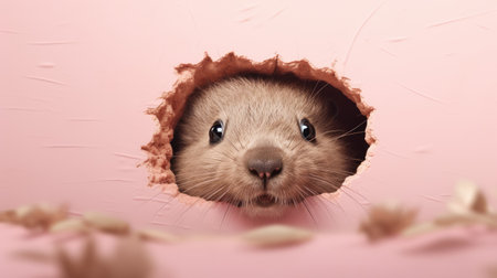 Cute hamster peeking out of hole in paper. Animal concept.の素材