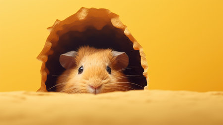Hamster in a hole in a paper bag on a yellow backgroundの素材