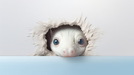 White rabbit peeking out of a hole in the wall. 3d renderingの素材