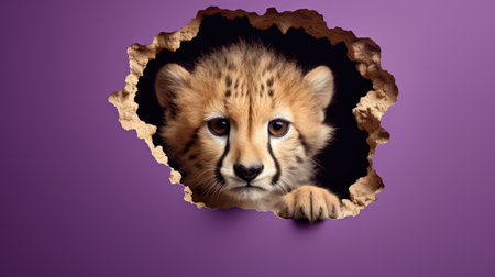 Cute little tiger cub peeking out of hole in purple backgroundの素材