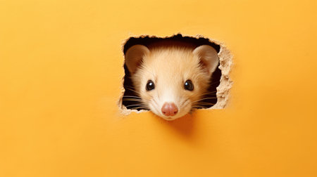 Cute ferret peeking out of hole in paper on color backgroundの素材