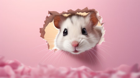Cute hamster peeking out of hole in paper on pink backgroundの素材