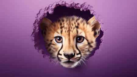 Cute tiger cub peeking through hole in purple background. Animal conceptの素材