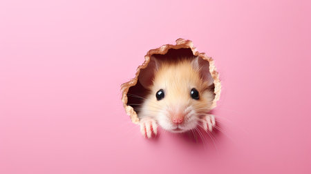 Cute little hamster peeking out of hole on pink backgroundの素材